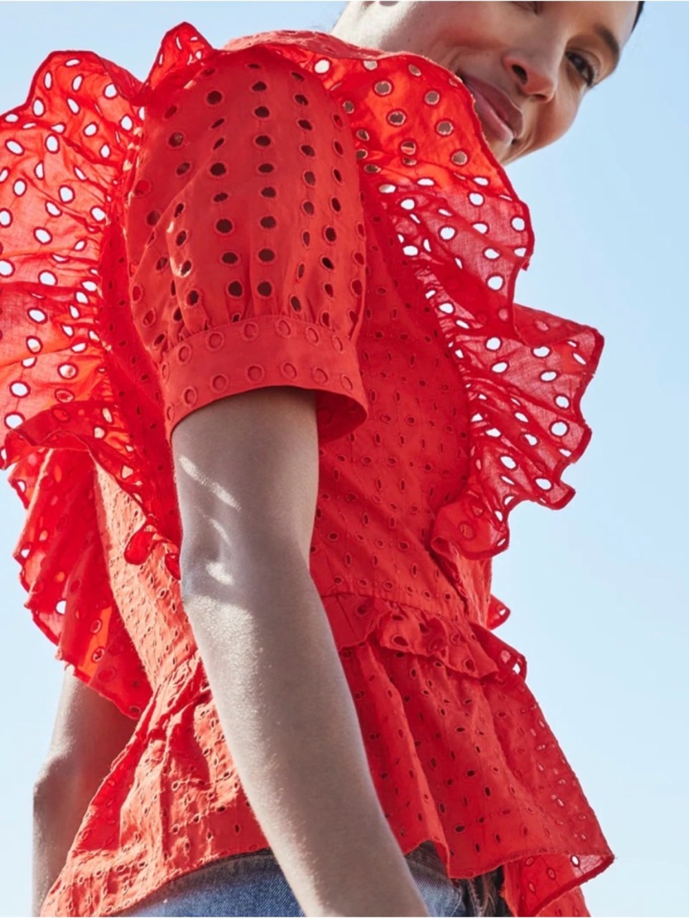J. Crew Red Eyelet Ruffle Peplum Blouse